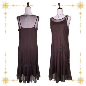 VTG Y2K Sheer Mesh Whimsigoth Asymmetrical Forest Fairy Dress Beaded Size XL